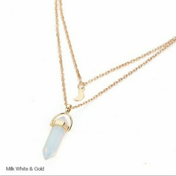 Gold Layered Necklace with Moon and Crystal - Picture 1 of 4